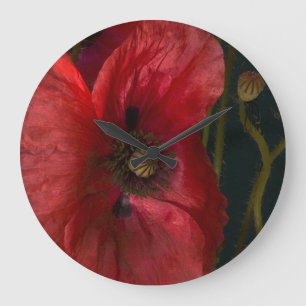 Red Poppies On Black Large Clock