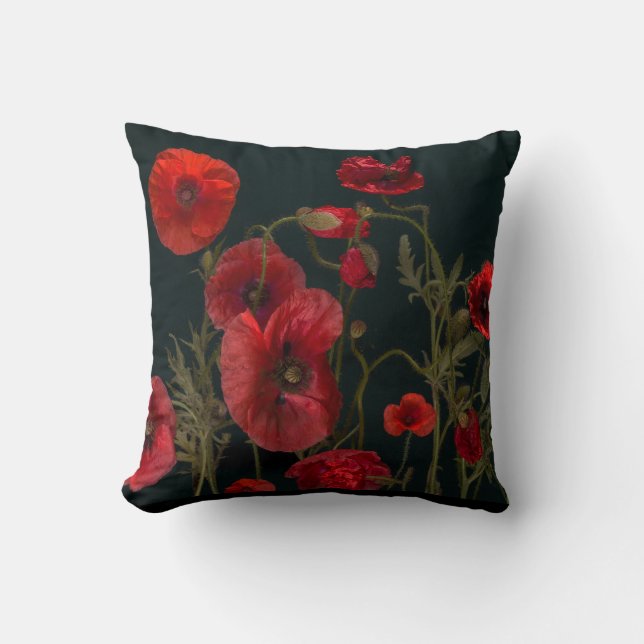 Red Poppies On Black Throw Pillow (Front)