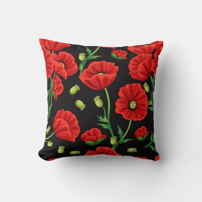 Red Poppies on Black Throw Pillow (Front)
