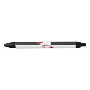 Red Poppies on Black & White Striped Background Black Ink Pen