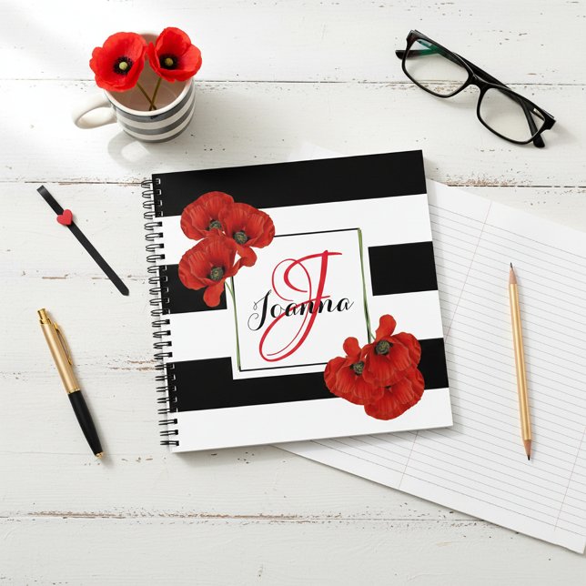 Red Poppies on Black & White Striped Background Notebook (Creator Uploaded)