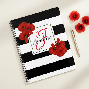 Red Poppies on Black & White Striped Background Planner