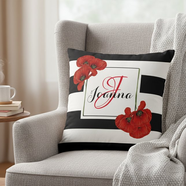 Red Poppies on Black & White Striped Background Throw Pillow (Creator Uploaded)