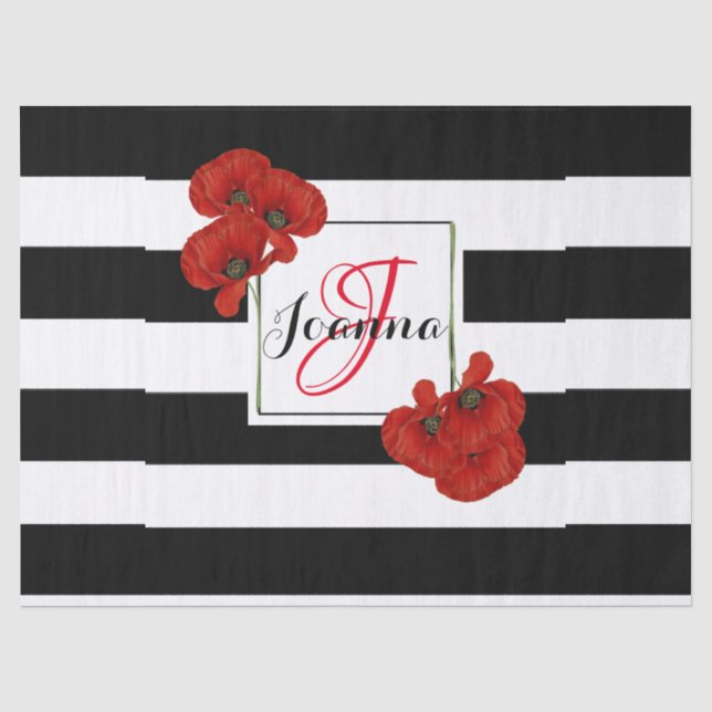 Red Poppies on Black & White Striped Background Tissue Paper (Front)