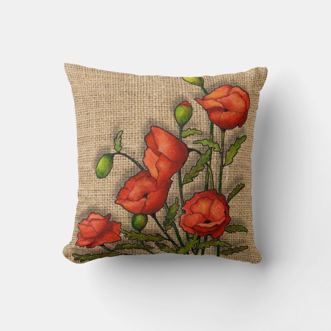 Red Poppies on Burlap Background, Art Throw Pillow (Front)