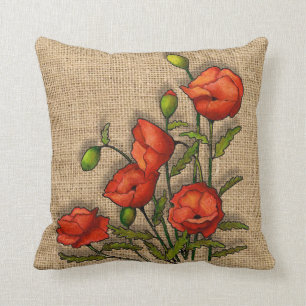 Red Poppies on Burlap Background, Art Throw Pillow