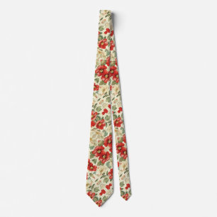 Red Poppies on Cream Tie
