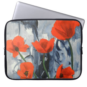 Red Poppies on Grey Laptop Sleeve