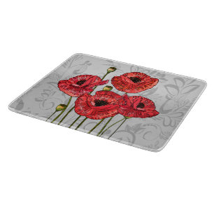 Red Poppies on Whimsical Grey Floral Cutting Board