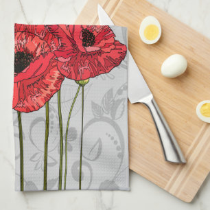 Red Poppies on Whimsical Grey Floral Kitchen Towel