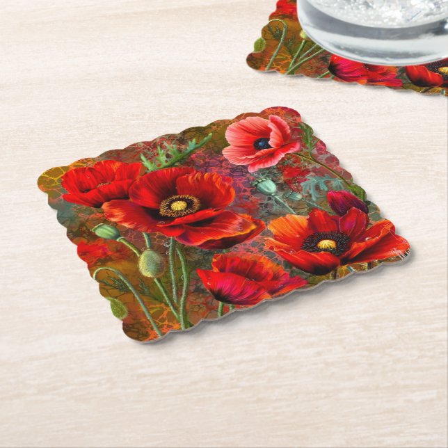 Red Poppies Paper Coasters (Angled)