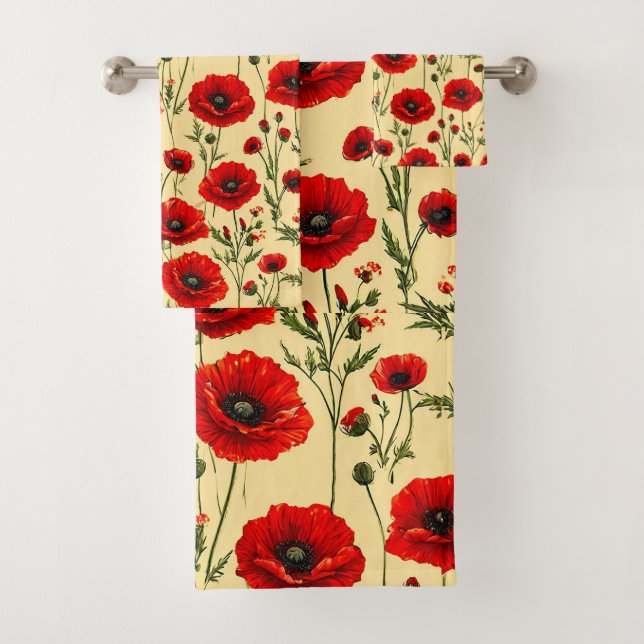 Red poppies pattern bath towel set (Insitu)