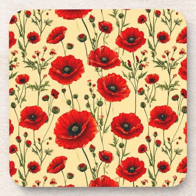 Red poppies pattern coaster (Front)