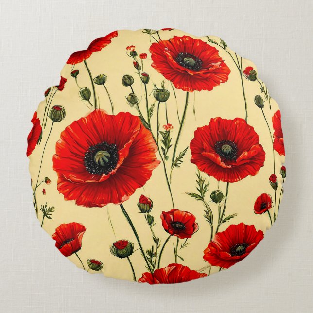 Red poppies pattern round pillow (Front)