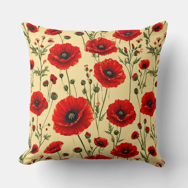 Red poppies pattern throw pillow (Front)