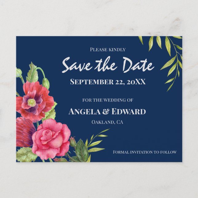 Red Poppies Pink Rose Wedding Save The Date Announcement Postcard (Front)