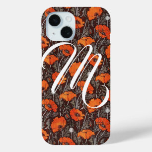 RED POPPIES Poppy Floral Blavk White Monogram iPhone 15 Case
