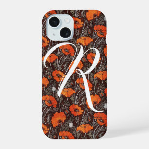 RED POPPIES Poppy Floral Blavk White Monogram iPhone 15 Case