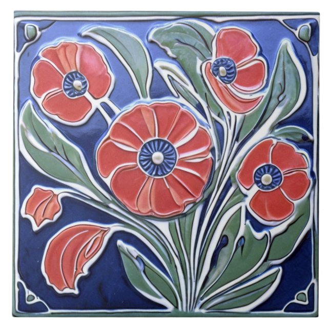 Red Poppies Poppy Flower Art Deco Nouveau Folk Art Tile (Front)