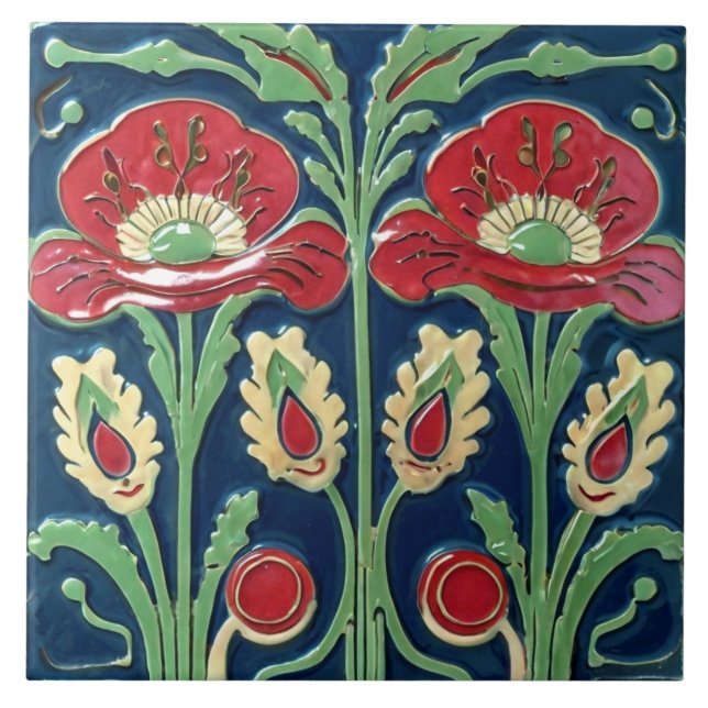 Red Poppies Poppy Flower European Folk Art Tile (Front)