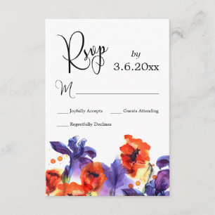 Red Poppies, Purple Iris Watercolor Wedding RSVP Card