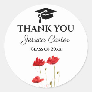 Red Poppies Rustic Floral Graduation Thank you Classic Round Sticker