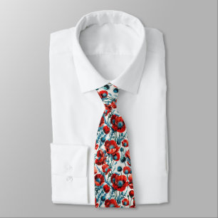 Red Poppies & Silver Thistles Seamless Botanical Tie