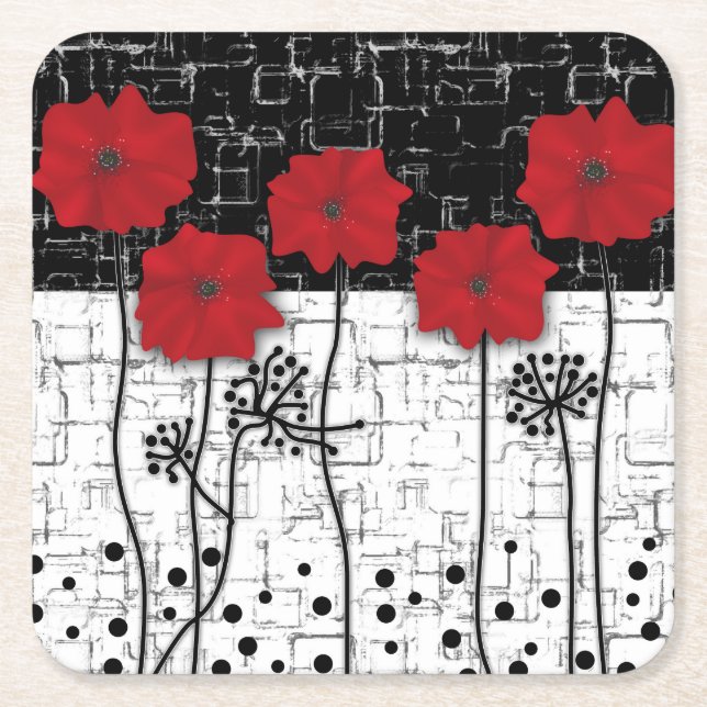 Red poppies square paper coaster (Front)