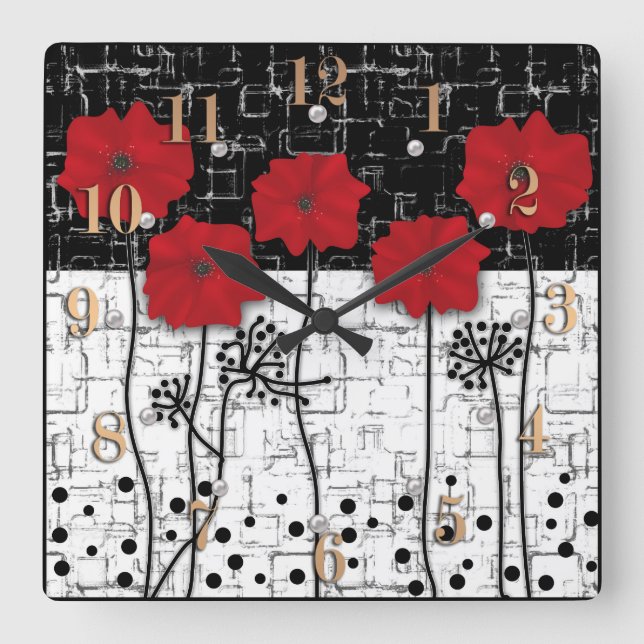 Red poppies square wall clock (Front)