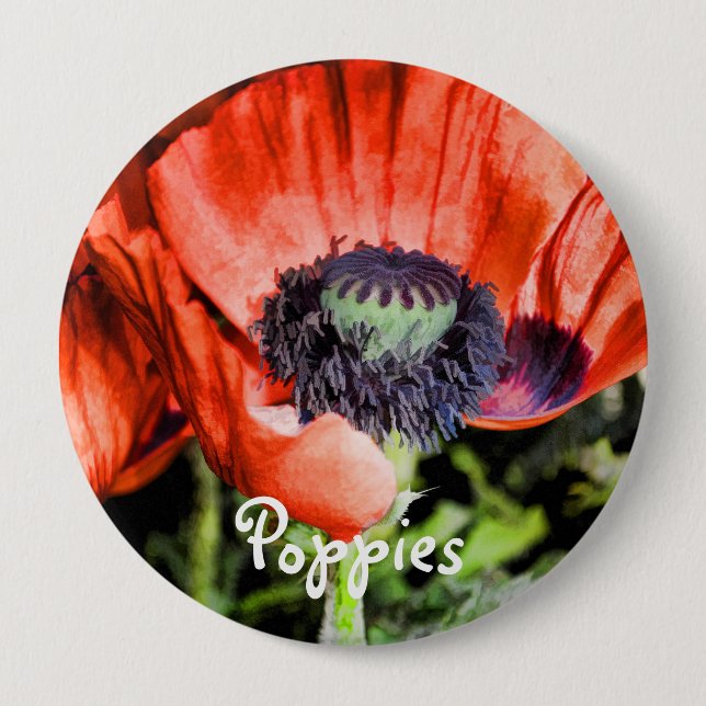 Red Poppies & Stamen Flowers Flora Art Gifts 4 Inch Round Button (Front)