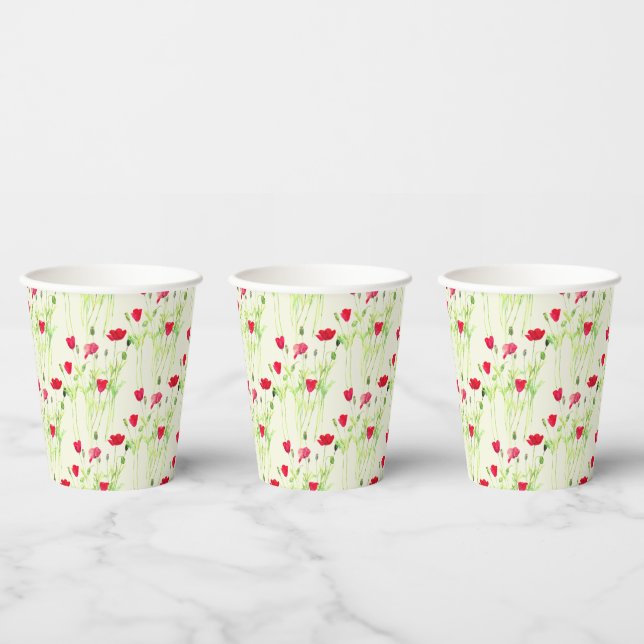 Red poppies summer meadow, wild flowers paper cups (Multi)