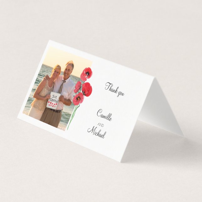 red poppies thank you photo wedding card (Front)