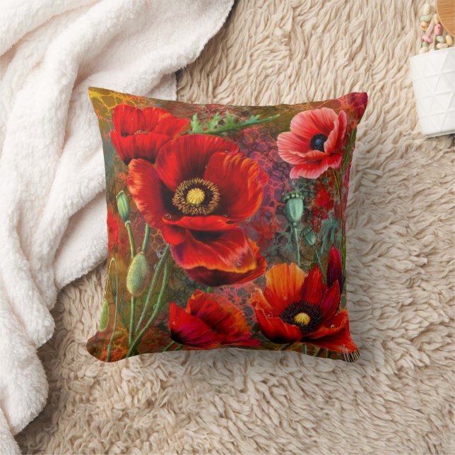 Red Poppies Throw Pillow (Blanket)