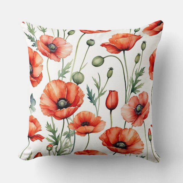 Red Poppies Throw Pillow (Front)