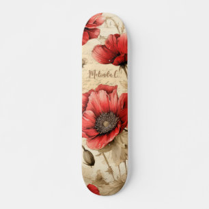 Red Poppies Vintage Inspired With Name Skateboard