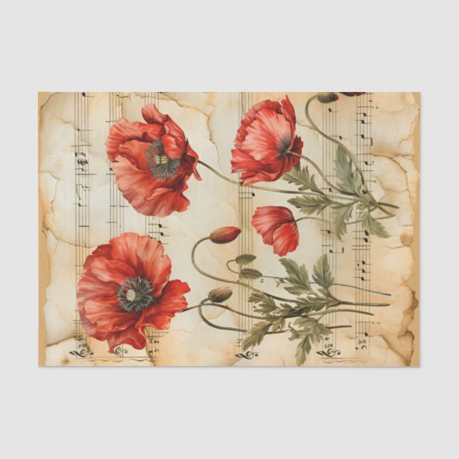 Red poppies vintage style music sheet ephemera (Front)