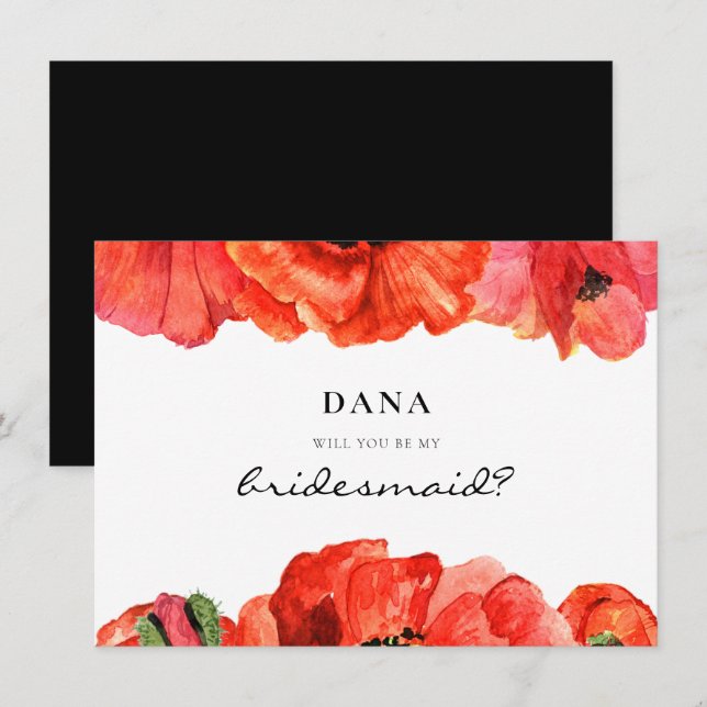 Red poppies watercolor Bridesmaid proposal card (Front/Back)