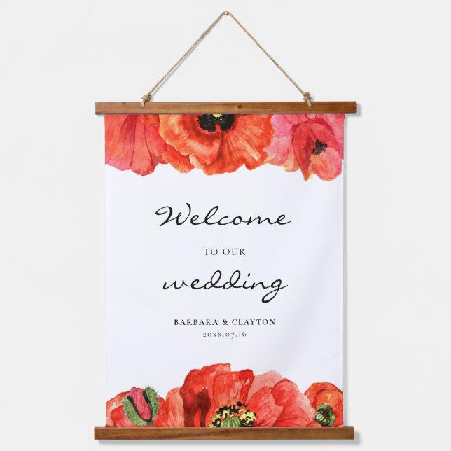 Red poppies watercolor custom wedding sign hanging tapestry (Front)