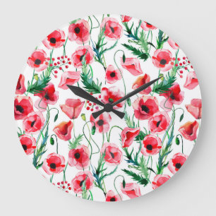 Red poppies: watercolor floral illustration large clock
