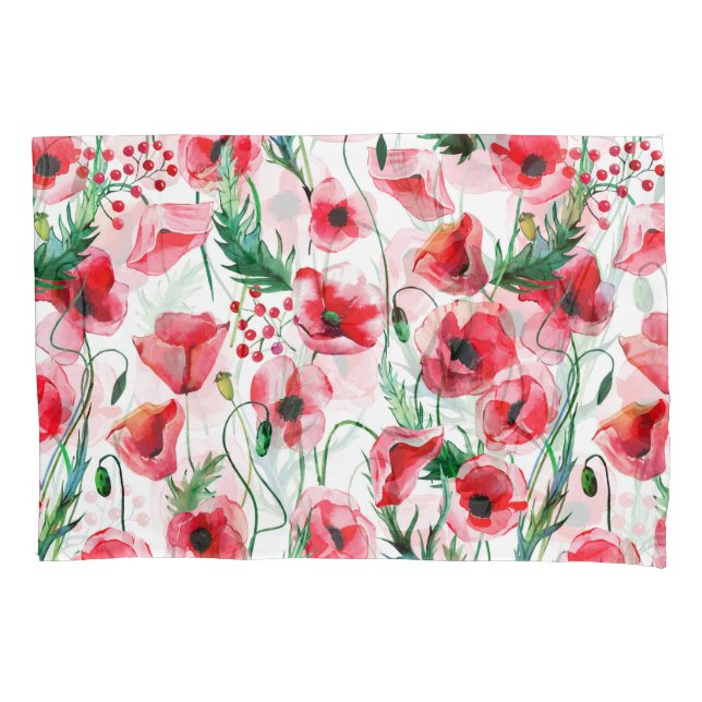 Red poppies: watercolor floral illustration pillowcase (Front)