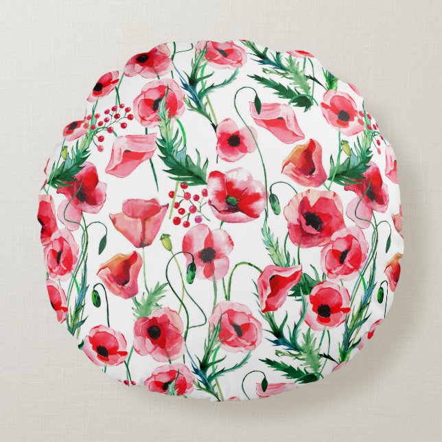 Red poppies: watercolor floral illustration round pillow (Front)