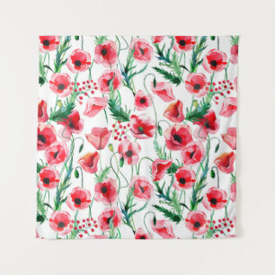 Red poppies: watercolor floral illustration tapestry