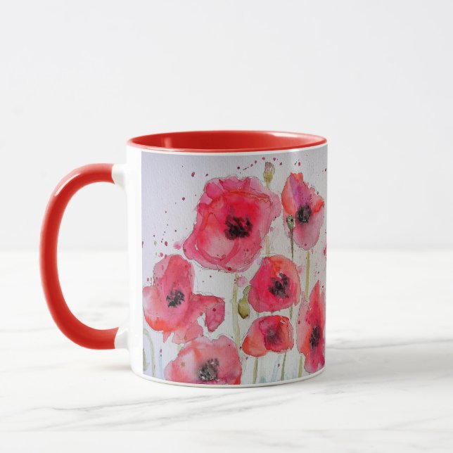 Red Poppies Watercolor Painting Mug (Left)