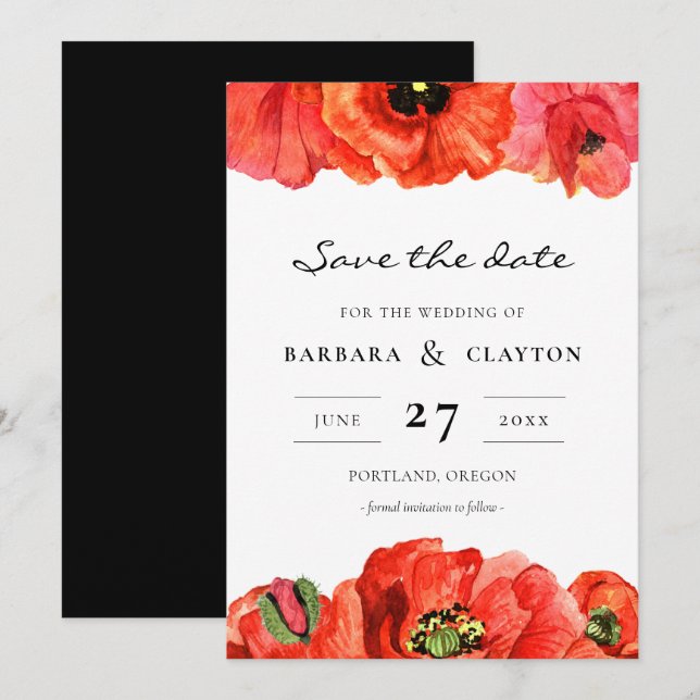 Red poppies watercolor Save the date Invitation (Front/Back)