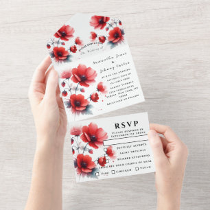 Red Poppies Watercolor Script Elegant Wedding All In One Invitation