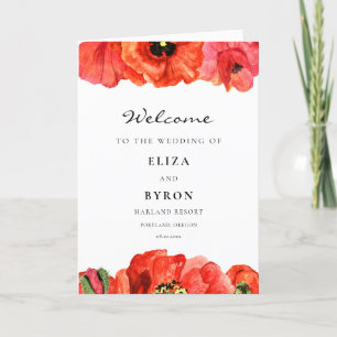 Red poppies watercolor wedding folded Program