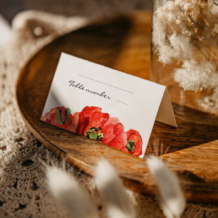 Red poppies watercolor wedding place card