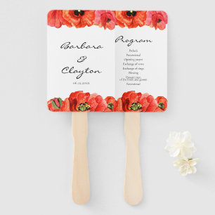 Red poppies watercolor wedding program hand fan