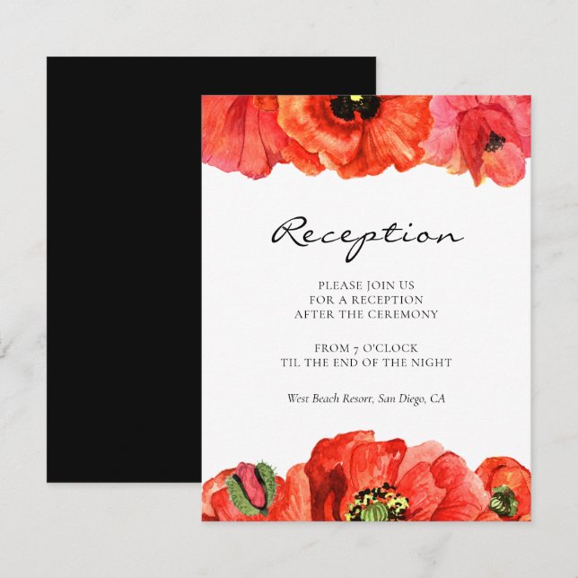 Red poppies watercolor wedding reception card (Front/Back)
