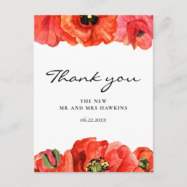Red poppies watercolor wedding thank you postcard (Front)